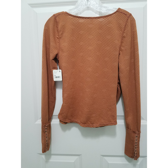 Free People NWT Rusty Orange Sz M Splice Front Wide Cuff Long Sleeve Top - Picture 3 of 12